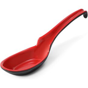 12 PACK Asian Soup Spoons, Rice Spoons, Melamine Chinese Won Ton Soup Spoon For soba, pho, ramen, Noodle, Korean Style Large Spoon with Long Handle- Notch and Hook Style, Red ＆ Black