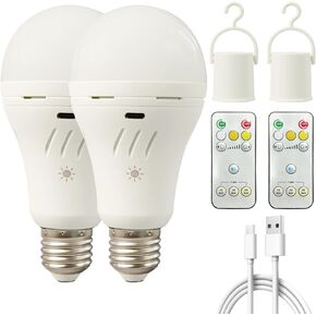 Rechargeable Light Bulbs with Remote Control,700lm, 2600mAh Battery Emergency Light Bulb for Power Outage, AC or USB rechargeble, Dimmable, 3000K/4000K/6000K, 50 Watt Equivalent,2 Pack