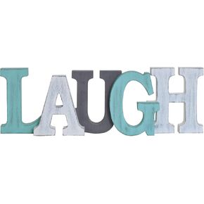 Rustic Wood Laugh Sign Home Wall Decor Decorative Wooden Block Letters Sign Cutout Free Standing Teal Laugh Word Sign for Table Shelf Decor