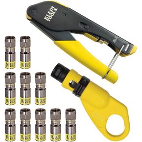 Klein Tools 80151 Klein Tools 80151 Coax Cable Compression Crimper and Stripper Set with 10-Pack of RG6/6Q F-Connectors for Fast and Reliable Installation, 3-Piece