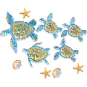 10 Pieces Sea Turtle Wall Decor 3D Ocean Turtle Starfish Ornaments Shell Wall Ornaments Beach Theme Wall Art Decorations for Indoor Outdoor Garden Wall (Peacock Blue)