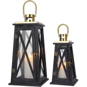TRIROCKS Set of 2 Farmhouse Wood Lantern 17.5''&24.5'' Metal Decorative Outdoor Lantern with Tempered Glass Rustic Candle Holder for Thanksgiving Christmas Patio Garden Indoor Outdoor(White Rectangle)
