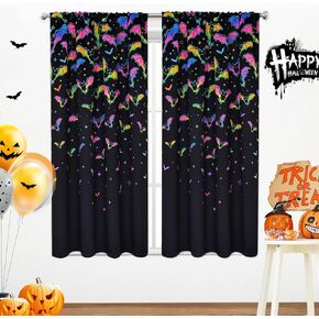 ستائر فراميكس الهالوين لغرفة المعيشة، ستائر نافذة الخفافيش بطول 84 بوصة لوحتين، ستائر معالجة النوافذ التفاعلية للأشعة فوق البنفسجية، ستائر جيب قضيب التعتيم لديكور حفلات الهالوين، 52 بوصة عرض × 84 بوصة طول، أسود in Kuwait