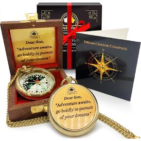 The Dream Chaser Compass in Wooden Box - Graduation Gifts for Him, Birthday Gifts for Men, Son, Husband - Inspirational, Motivational, Christmas, 2024 Unique Office Decor - Greeting Card Included