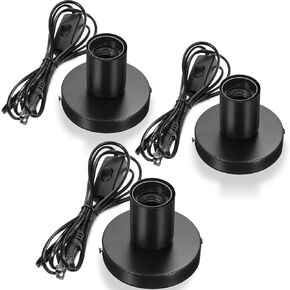 Polished Metal Desktop Lamp Base E26 E27 Screw Light Bulb Holder Base Light Sockets Base Light Bulb Base Lamp Replacement Base for Holding Bulb, 6 Feet Black Cord on Off Switch Plug (Black, 3 Pcs)