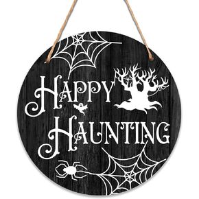 10 in Round Wooden Hanging Sign, Halloween Decorations for Home Door, Happy Halloween Farmhouse Home Window Wall Party Decoration Supplies (WSGPA04)
