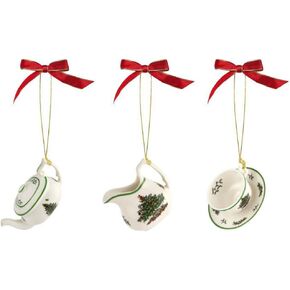 Spode Christmas Tree Collection, 3 Piece Tea Set Ornaments, Teapot, Creamer, & a Teacup & Saucer, Use as a Napkin Ring, Hanging Ornament, Gift, Or Home Decoration
