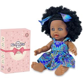 Nice2you Black Baby Doll for Girl, 10 inch African American Black Doll with Dress, Reborn Realistic Baby Doll for Kids Aged 1 2 3 4 5, Small Silicone Black Doll Toy with Curly Hair for Birthday