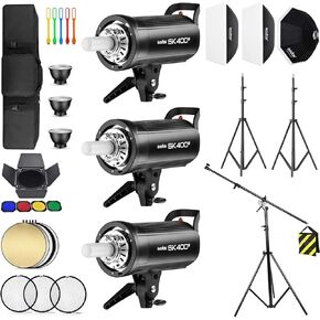 Godox 3 Pack SK400IIV 1200Ws 2.4G Speedlite Studio Flash Strobe Monolight Bowens Mount Kit للتصوير في الاستوديو، الموقع، التصوير الفوتوغرافي للصور مع Softbox، حامل الضوء، طقم باب الحظيرة، حقيبة الحمل