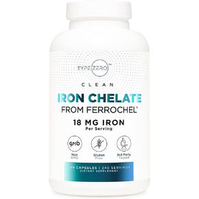 Type Zero Iron Chelate Capsules (18 MG, 240 CAPS) from Ferrochel - Non-GMO and Gluten Free