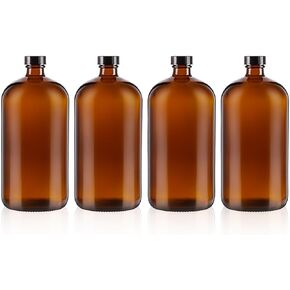 4 Pack 32 oz Amber Boston Round with Black Poly Cone Cap,Reusable Brown Glass Bottles for Secondary Kombucha Fermentation,Homemade Essential Oils,Lab Chemicals
