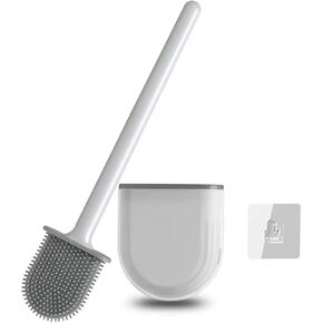 Toilet Brush and Holder Set - Flexible Bathroom Brush Head with Silicone Bristles - Compact Design for Neat Storage - Base with Ventilation Holes (1 Unit White) (1 Unit Black)