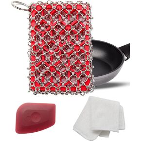 Cast Iron Scrubber & Scraper Tool & Towel - Cast Iron Skillet Cleaner Scrubber with Silicone Insert - Cast Iron Skillet Scrubber - Cast Iron Pan Scrubber - Pan Cleaning Kit for Cast Iron Cookware