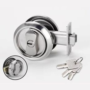 LWZH Recessed Install Cup Door Lock,Round Privacy Sliding Door Lock with Keys,Hidden Pull Ring Lock,NOT for Pocket Doors (Brushed Silver)