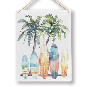 Beach Wall Art, Summer Beach Tropical Palm Tree Surf Board Wood Signs Hanging Plaque, Beachy Room Decor Aesthetic, Surf Room Decor, Coastal Wall Decor, Beach Signs for Home Decor 8x10 Inch