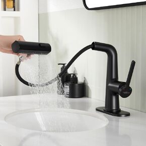 Waterfall Rainfall Bathroom Faucets with Pull Down Sprayer, Modern Pull Out Bathroom Sink Faucet with 360° Rotaty Rainfall Rotating Spout, Feiyu Waterfall Basin Mixer Tap (Brushed Gold)