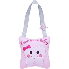Tooth Fairy Pillow with Pocket for for Girls and Boys Kids，Tooth Keepsake Pouch Tooth Fairy Bag on Back Toothfairy Gift，5.9 x 5.9 inches (Pink)