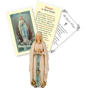 4 inch Our Lady of Lourdes Statue - Laminated Our Lady of Lourdes Prayer Card, The Lord's Prayer Card - Our Lady of Lourdes Figurine for Home Decor, Altar - Virgen De Lourdes Estatua - 3 Items Set