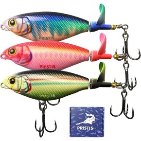 Pristis ARC II 3 pcs Topwater Fishing Lures with Double-Blade Propellers, Plopper with Floating Rotating Tail, Saltwater Freshwater Plopping Minnow for Bass Perch Pike Walleye, Plopping Sputter Bait