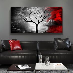 Dark Academia Horizontal Red and Black Wall Art, Large Black And White Pictures Wall Decor For Living Room, Photography Artwork For Walls, Home Office Wall Decor, Modern Painting Wall Art for Bedroom Bathroom Dining Room Fireplace Decor 20x40 Inch