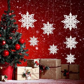 12PCS Christmas Snowflake Hanging Decorations - Holiday/New Year/Winter Wonderland Party Supplies Favors 3D Glitter Large White Snowflakes