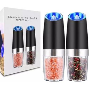 Gravity Electric Salt & Pepper Grinder Set - Battery Powered Automatic Mill Grinder with Adjustable Coarseness, LED Light, One Hand Operation - Stainless Steel (2 Pack)
