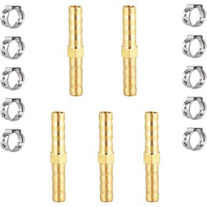 Hose Barb Fitting 5/16" Hose ID,Hex Union Brass Fitting Water/Fuel/Air with 10 Stainless Steel Clamps(Pack of 5)