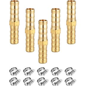 Hose Barb Fitting 3/8" Hose ID,Hex Union Brass Fitting Water/Fuel/Air with 10 Stainless Steel Clamps(Pack of 5)