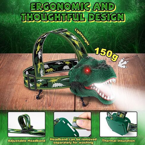 Nitigo Dinosaur Headlamp for Kids Flashlight Rechargeable Led Headlights Roar & Silent Mode, T-Rex Dinosaur Toys, Camping Gear, Gifts for Boys Girls Adults in Kuwait