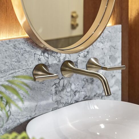 Wall Mount Faucet Brushed Gold Brass 2 Handle 8 Inch Widespread Bathroom Faucets 3 Hole Modern Farmhouse RV Lavatory Vanity Faucet with Rough in Valve in Saudi Arabia