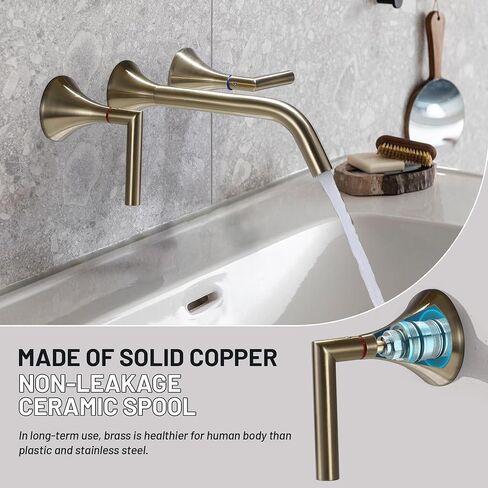 Wall Mount Faucet Brushed Gold Brass 2 Handle 8 Inch Widespread Bathroom Faucets 3 Hole Modern Farmhouse RV Lavatory Vanity Faucet with Rough in Valve in Saudi Arabia