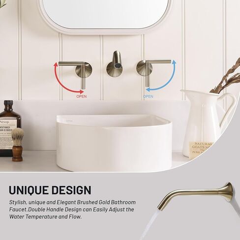 Wall Mount Faucet Brushed Gold Brass 2 Handle 8 Inch Widespread Bathroom Faucets 3 Hole Modern Farmhouse RV Lavatory Vanity Faucet with Rough in Valve in Saudi Arabia