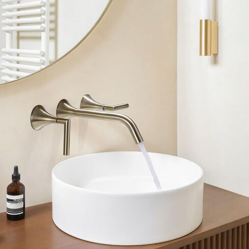 Wall Mount Faucet Brushed Gold Brass 2 Handle 8 Inch Widespread Bathroom Faucets 3 Hole Modern Farmhouse RV Lavatory Vanity Faucet with Rough in Valve in Saudi Arabia
