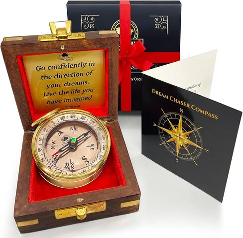 The Dream Chaser Compass in Wooden Box - Graduation Gifts for Him, Birthday Gifts for Men, Son, Husband - Inspirational, Motivational, Christmas, 2024 Unique Office Decor - Greeting Card Included in Saudi Arabia