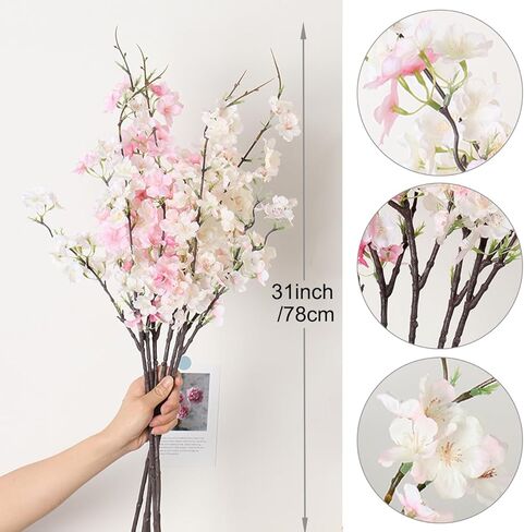 ديكور زهر الكرز 4 قطع 31 بوصة جذع قصير فروع زهر الكرز زهور صناعية للمنزل ديكور طاولة الزفاف (أبيض) in Kuwait
