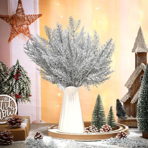 Panelee 45 Pcs Christmas Artificial Faux Cedar Branches, Artificial Sprigs Faux Pine Leaves, Red Pine Stems Picks for Xmas Garland Wreath DIY Crafts, Christmas Embellishing Home(Frosted) in Saudi Arabia