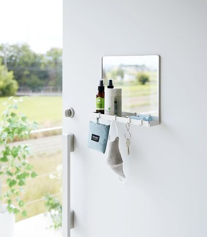 Tower Magnetic Mirror & Entryway Storage Rack for Steel Front Doors Or Refrigerators with Tray & Hooks for Keys Or Bags - Glass - in Saudi Arabia