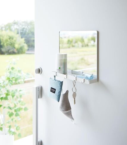 Tower Magnetic Mirror & Entryway Storage Rack for Steel Front Doors Or Refrigerators with Tray & Hooks for Keys Or Bags - Glass - in Saudi Arabia