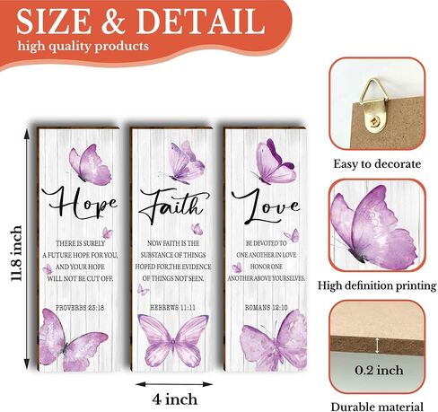 HIWERAN 3 Pcs Modern Purple Butterfly Wooden Office Wall Decor, Inspirational Saying with Love Faith Believe Wood Sign, Hanging Motivational Wall Plaques for Office Living Room Bathroom Bedroom-49 in Saudi Arabia