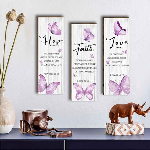 HIWERAN 3 Pcs Modern Purple Butterfly Wooden Office Wall Decor, Inspirational Saying with Love Faith Believe Wood Sign, Hanging Motivational Wall Plaques for Office Living Room Bathroom Bedroom-49 in Saudi Arabia