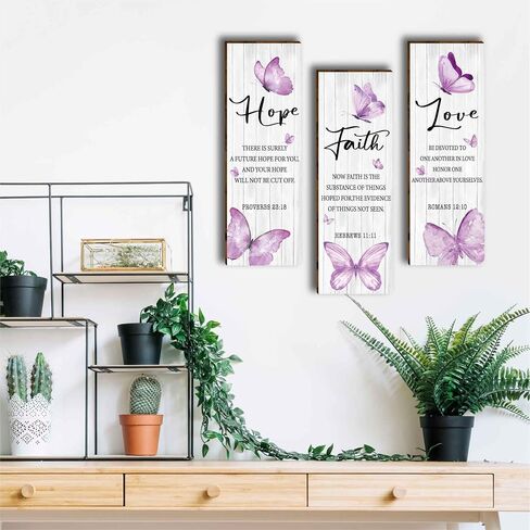 HIWERAN 3 Pcs Modern Purple Butterfly Wooden Office Wall Decor, Inspirational Saying with Love Faith Believe Wood Sign, Hanging Motivational Wall Plaques for Office Living Room Bathroom Bedroom-49 in Saudi Arabia