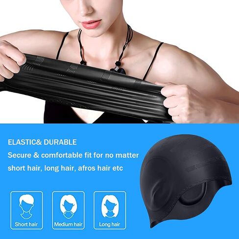 Swimming Cap,Silicone Swim Cap,Swimming Hat,Kids Swimming Cap,Swim Hat,Swim Cap,Swimming Hat Women,Anti-Slip Waterproof Bathing Cap for Long Hair Women and Men,Easy to Put On and Off(Black) in Saudi Arabia