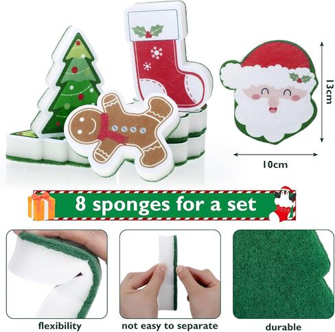 Domensi 8 Pcs Christmas Sponges Kitchen Dual Sided Dish Sponges for Washing Dishes Santa Christmas Tree Gingerbread Man Household Cleaning Sponges Dishwasher Sponge Non Scratch Scouring Pad for Dish in Saudi Arabia