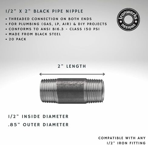تركيبات أنابيب حديدية للديكور الصناعي مقاس 1/2 بوصة × 0 بوصة - حلمة أنابيب ملولبة، أرجل طاولة صناعية بأرفف أنابيب سوداء - [10 عبوات] in Kuwait