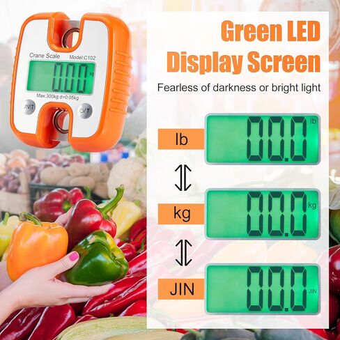 مقياس الرافعة الرقمي 300 كجم/660 رطل مع شاشة LED خضراء، مقياس رافعة محمول مقاوم للماء مع خطافات لصيد الأسماك في المزرعة والصيد والجراج والأمتعة الخارجية وغطاء ABS برتقالي (ليس بطاريات) in Kuwait