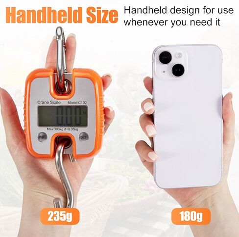 مقياس الرافعة الرقمي 300 كجم/660 رطل مع شاشة LED خضراء، مقياس رافعة محمول مقاوم للماء مع خطافات لصيد الأسماك في المزرعة والصيد والجراج والأمتعة الخارجية وغطاء ABS برتقالي (ليس بطاريات) in Kuwait