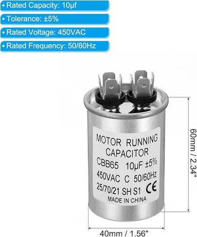 PATIKIL 10 فائق التوهج ± 5% 10MDF 450V AC مكثف بدء تشغيل المروحة، قطعتان CBB65 مكثف تشغيل دائري لمحرك التيار المتردد لتشغيل مكيف الهواء، مكثف مضخة حرارية باردة مستقيم in Kuwait