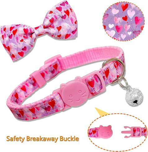 Valentine Bow Tie Cat Collar Set with Bell, Holiday Let's kiss Pink Heart Cat Collar for Boys and Girls Kitties Kittens in Saudi Arabia