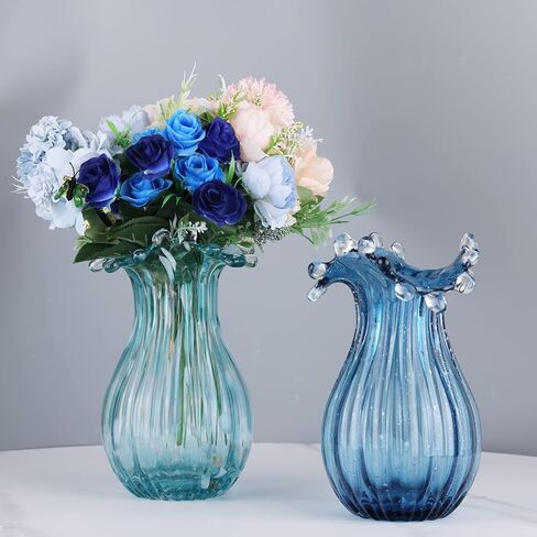 مزهريات زجاجية مصنوعة يدويًا، زجاجة مموجة صغيرة الحجم، مزهريات زخرفية ذات مظهر عتيق، مزهريات زخرفية لغرفة المعيشة في المزرعة الريفية، والمطبخ، وحفلات الزفاف، وطاولة المكتب المركزية التي تعرض الزهور (أخضر) in Kuwait