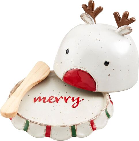 Mud Pie Reindeer Butter Dish, cloche 5" x 5 1/2" dia | spreader 5 1/2", White in Saudi Arabia